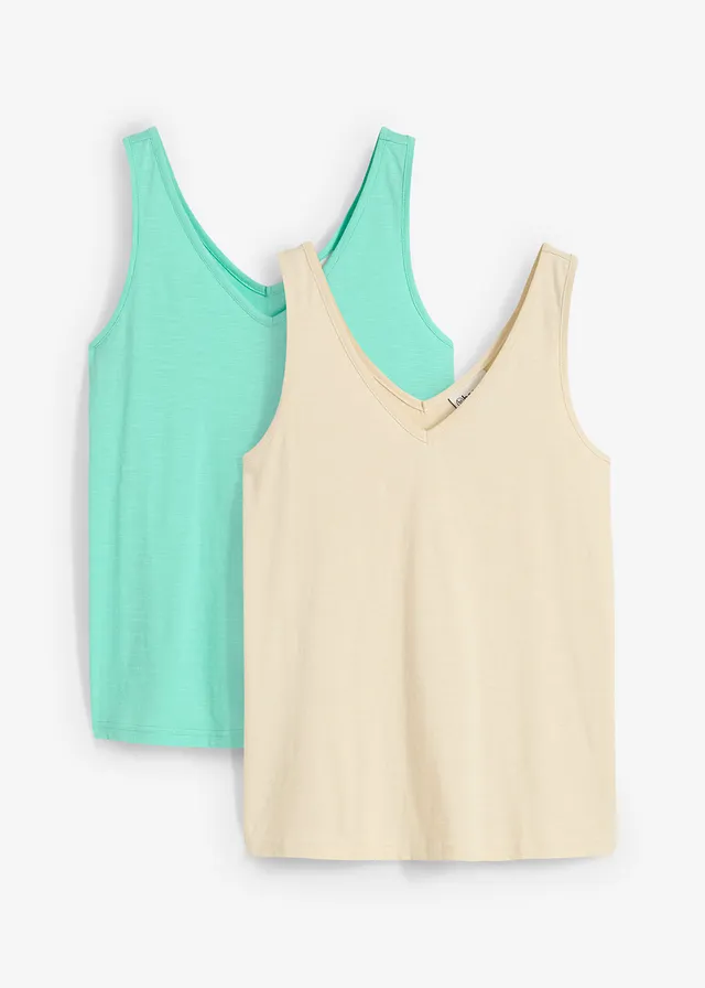 Tanktop van biologisch katoen (set van 2), Kleur: mentholblauw-ecru
