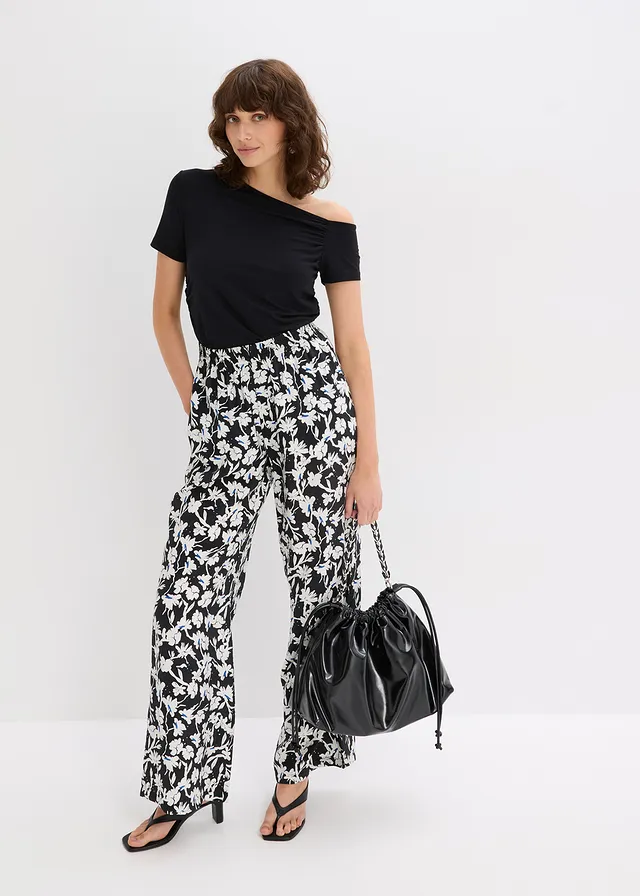 Pantalon palazzo en tissu texturé, Couleur: noir/écru floral