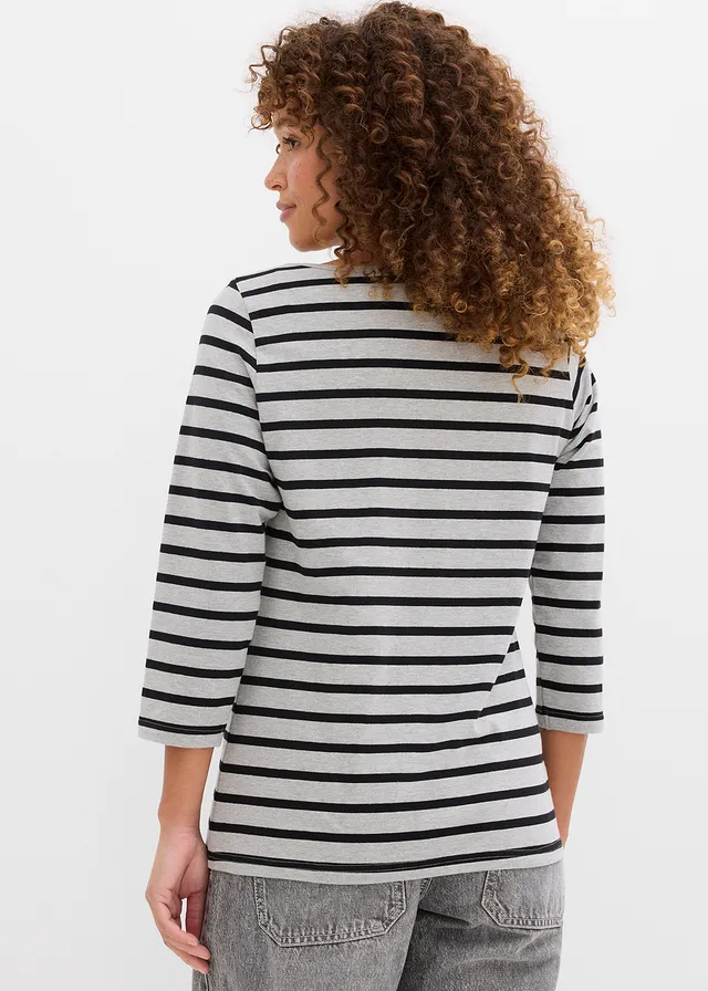 T-shirt manches longues coton • gris clair chiné + noir rayé • product-page.page-title-suffix