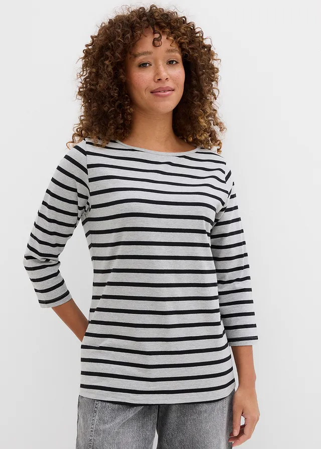 T-shirt manches longues coton • gris clair chiné + noir rayé • product-page.page-title-suffix