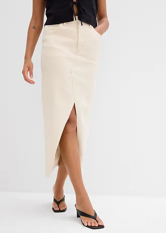 Midi spijkerrok met split, Kleur: natuurbeige