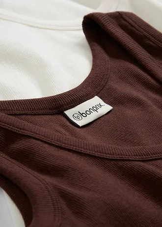 Geribde tanktop met biologisch katoen (set van 2) • wolwit-terrabruin • bonprix online shop