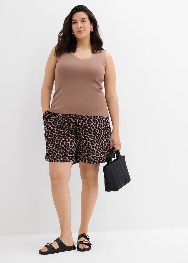 Wijde short van mousseline, Kleur: beige luipaardprint