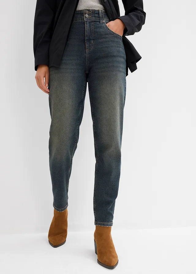 Jean mom taille haute, Couleur: bleu foncé denim used