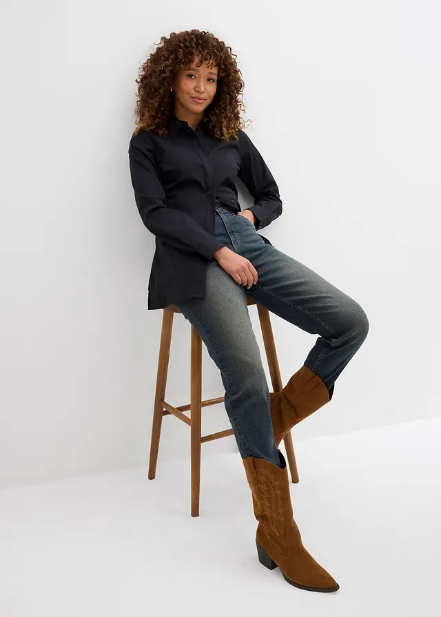 Mom jeans high waist, Kleur: donkerblauw denim used
