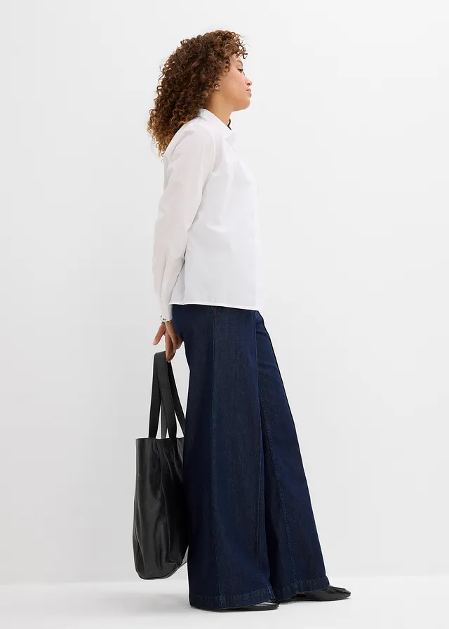 Jean large taille haute, super doux, Couleur: bleu profond denim brut
