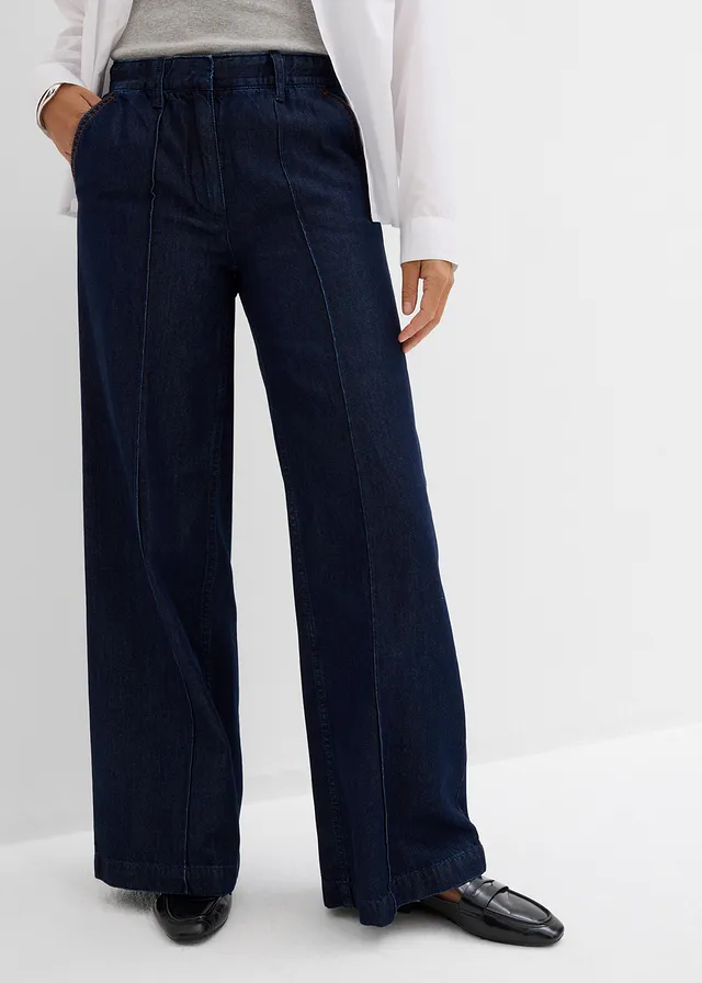 Jean large taille haute, super doux, Couleur: bleu profond denim brut