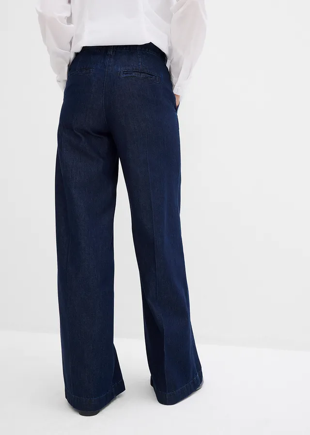 Jean large taille haute, super doux, Couleur: bleu profond denim brut