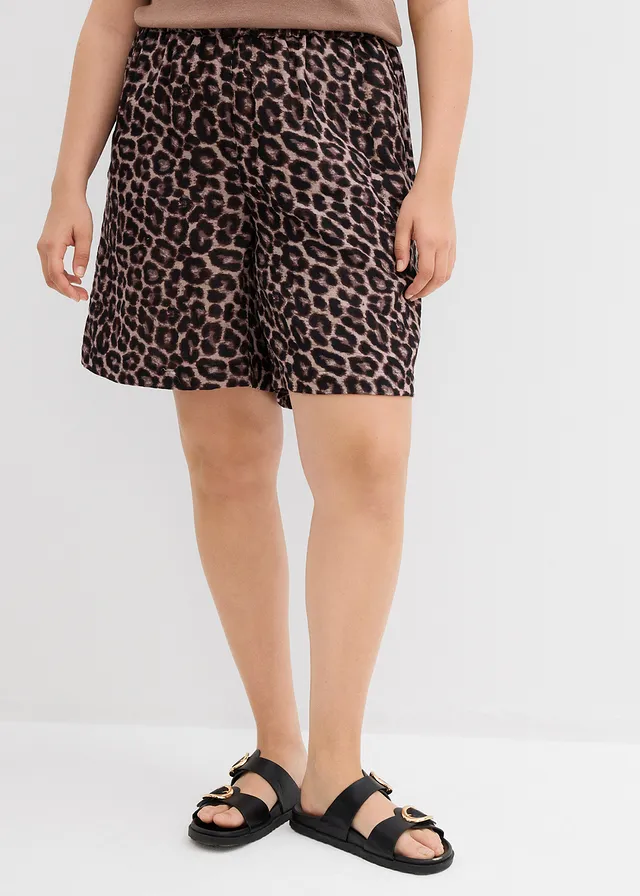 Wijde short van mousseline, Kleur: beige luipaardprint