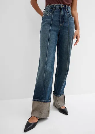 Straight jeans, high waist, Kleur: donkerblauw denim used