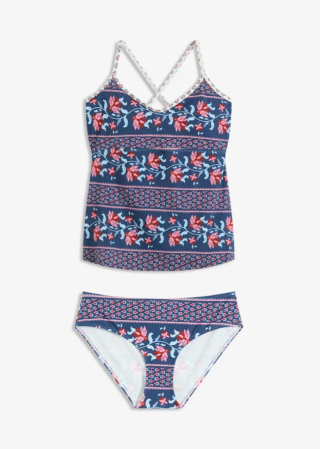 Tankini (2-dlg. set) met gekruiste bandjes, Kleur: blauw-roze gedessineerd