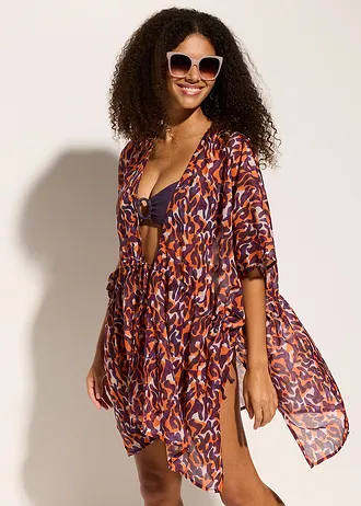 Plážové kimono s vázačkou • fialovo-světle hnědá s leopardním potiskem • bonprix obchod