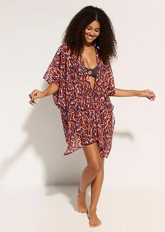 Plážové kimono s vázačkou • fialovo-světle hnědá s leopardním potiskem • bonprix obchod