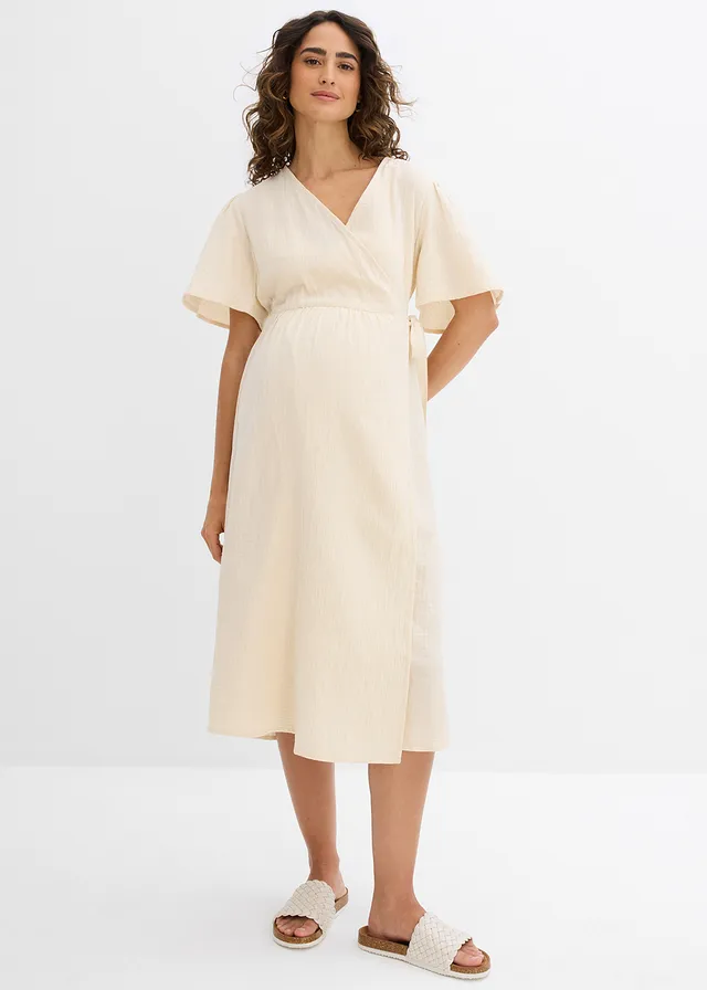 Robe de grossesse et d’allaitement en gaze de coton, Couleur: beige galet
