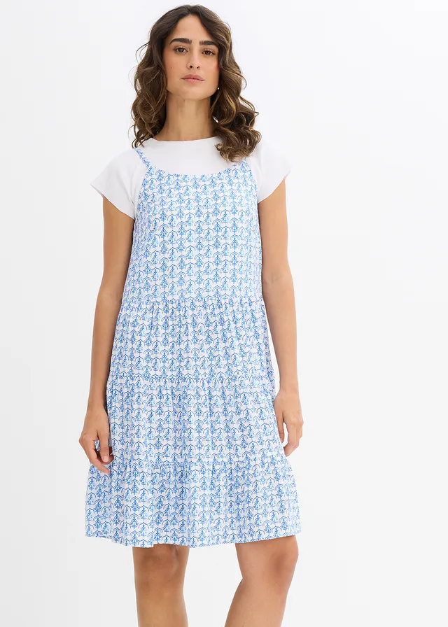 Sukienka na ramiączkach z lejącej wiskozy, kolor: biały/niebieski arktyczny