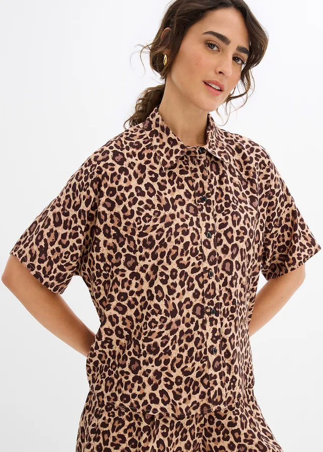 Overhemdblouse van soepele viscose, Kleur: donkerbruin luipaardprint