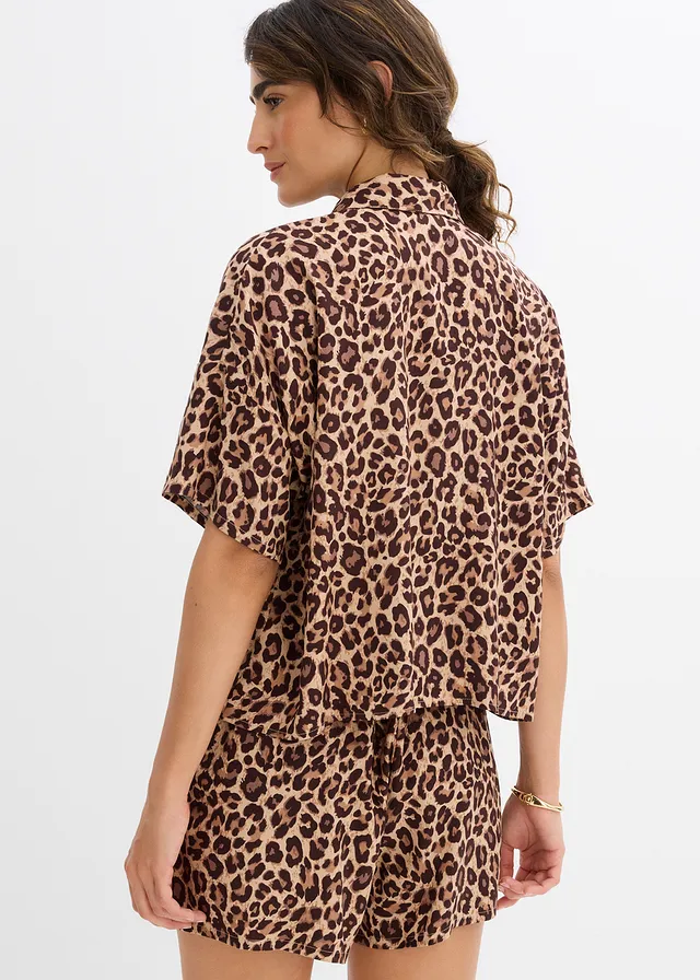 Overhemdblouse van soepele viscose, Kleur: donkerbruin luipaardprint