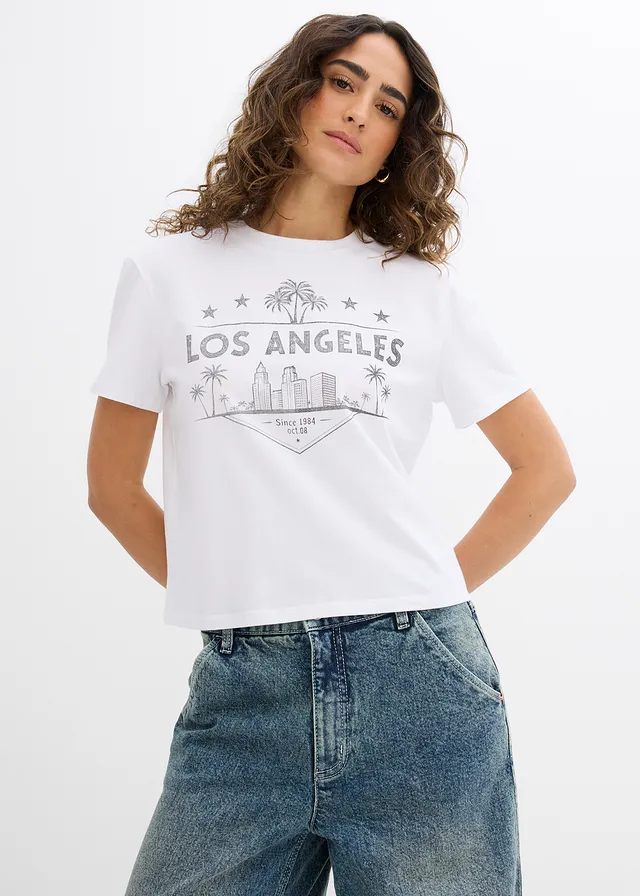 T-shirt raccourci en jersey • blanc/noir imprimé • product-page.page-title-suffix