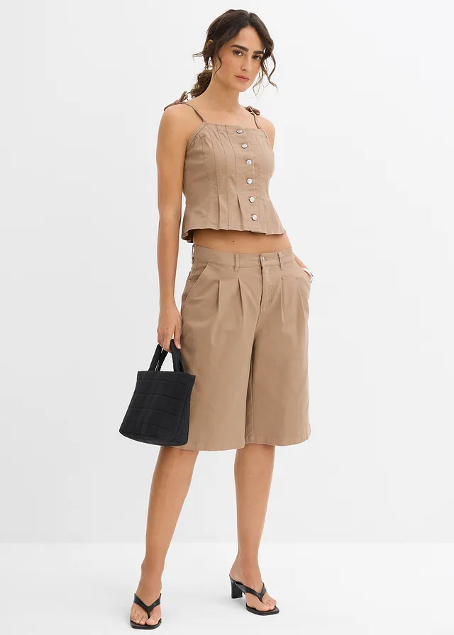Top met spaghettibandjes in een elastische katoenmix, Kleur: grijsbruin washed