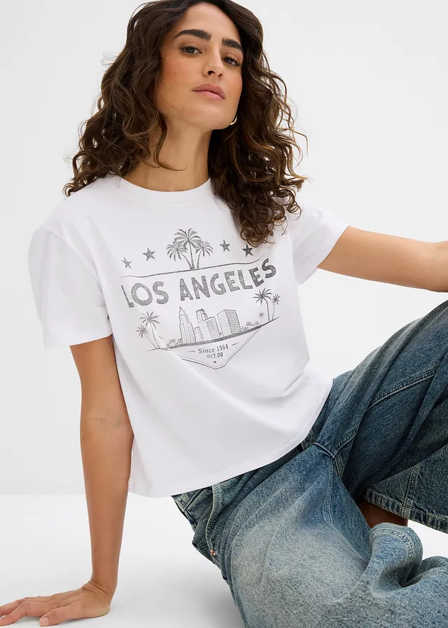T-shirt raccourci en jersey • blanc/noir imprimé • product-page.page-title-suffix