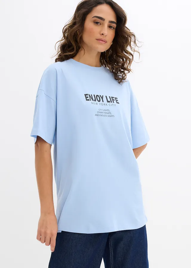 T-shirt oversize 100% coton, Couleur: bleu ciel imprimé