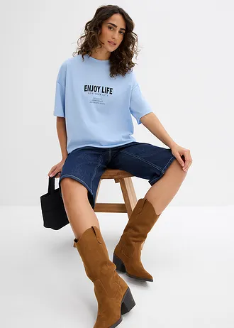 T-shirt oversize 100% coton, Couleur: bleu ciel imprimé