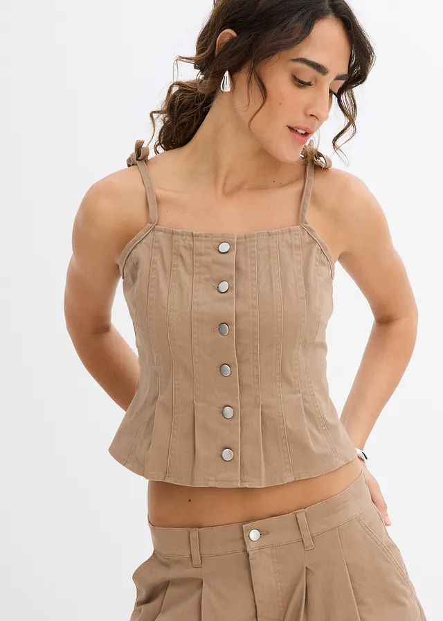 Top met spaghettibandjes in een elastische katoenmix, Kleur: grijsbruin washed