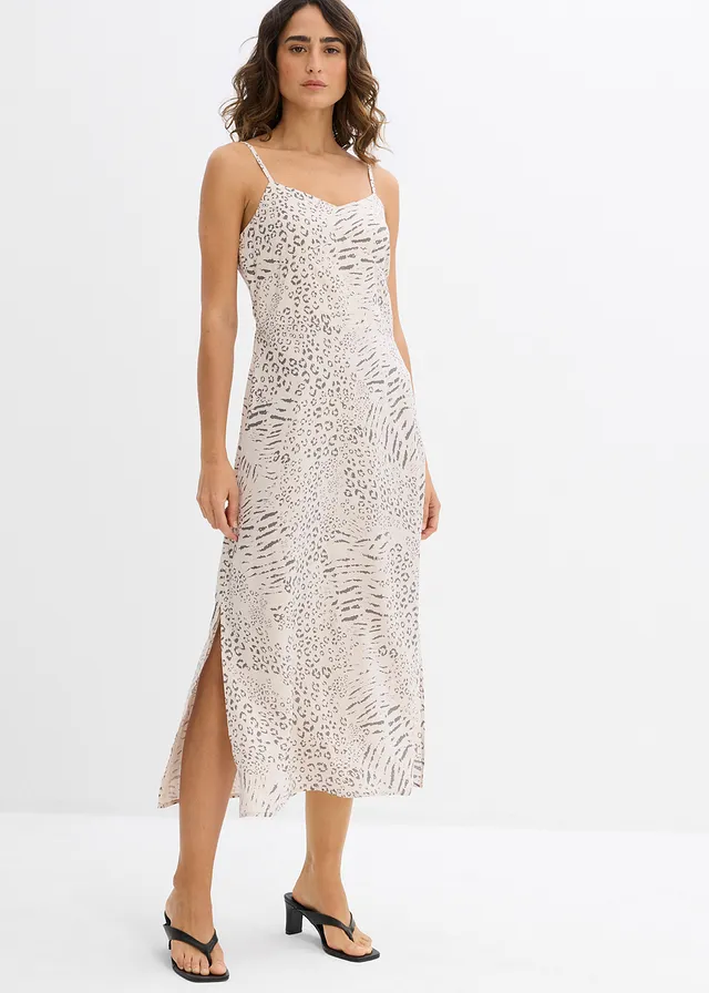 Jurk met spaghettibandjes van soepele viscose, Kleur: sand luipaardprint
