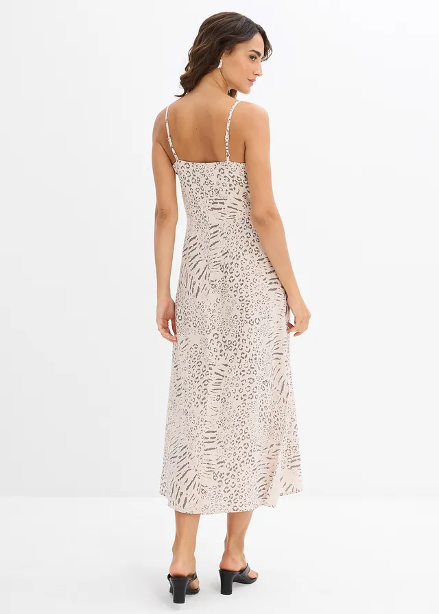 Jurk met spaghettibandjes van soepele viscose, Kleur: sand luipaardprint