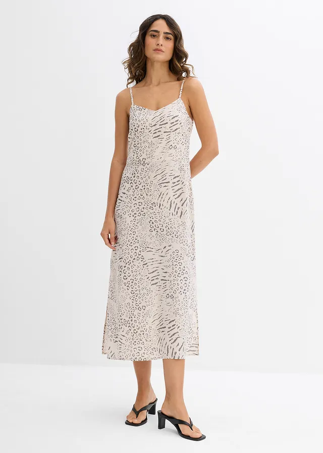 Jurk met spaghettibandjes van soepele viscose, Kleur: sand luipaardprint