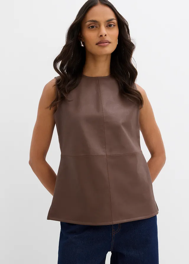 Imitatieleren top, Kleur: bruin