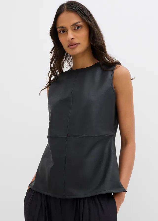 Imitatieleren top, Kleur: zwart
