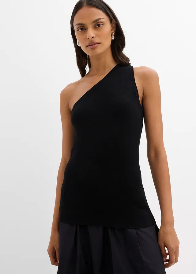 Gebreide off-shoulder top van een viscosemix, Kleur: zwart
