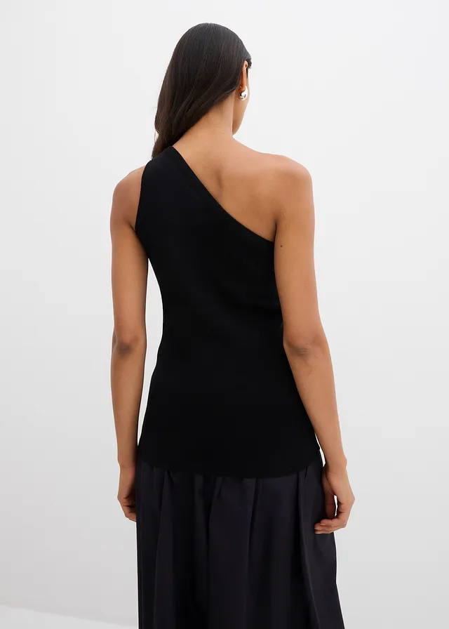 Gebreide off-shoulder top van een viscosemix, Kleur: zwart