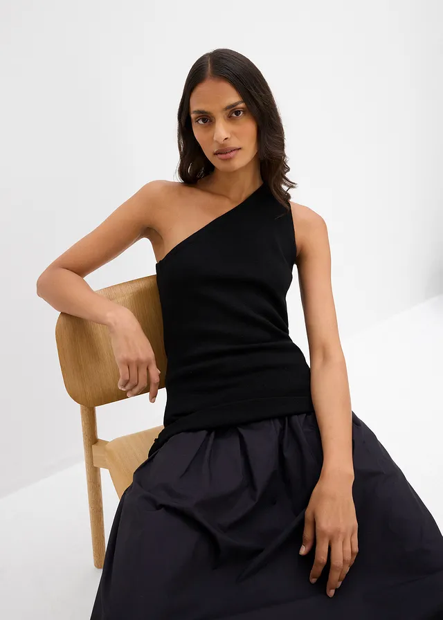 Gebreide off-shoulder top van een viscosemix • zwart • product-page.page-title-suffix