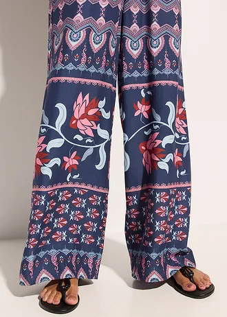 Dlouhý plážový overal ze splývavé viskózy • modro-růžová s potiskem • bonprix obchod