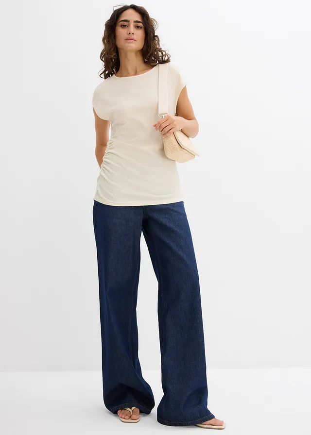 Top asimetric din crep vaporos, culoare: bej natur