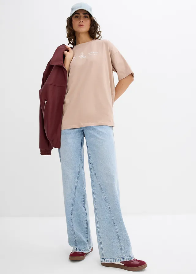 T-shirt long 100% coton beige amande imprimé