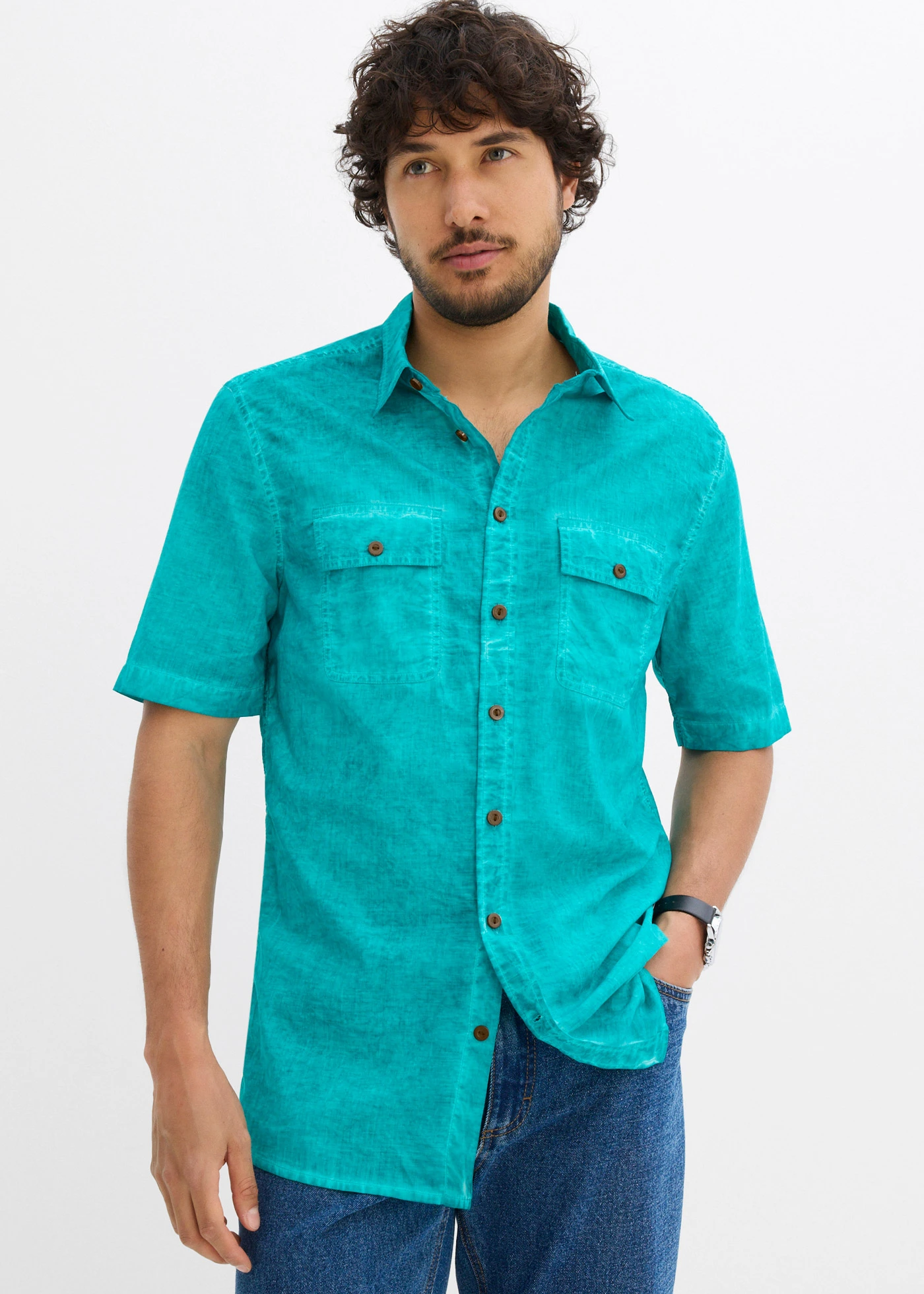 Chemise manches courtes aspect délavé • émeraude • Boutique bonprix