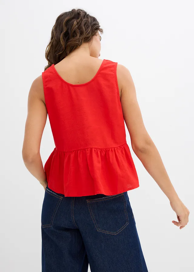 Blouse in een luchtige linnenmix, Kleur: aardbeirood