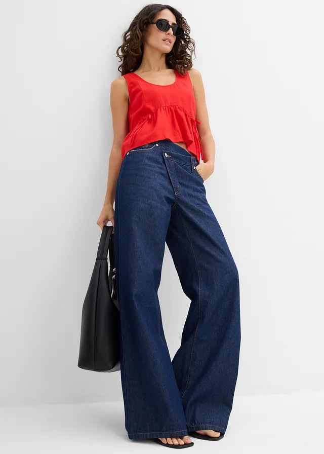 Blouse sans manches légère en lin mélangé bleu foncé denim brut