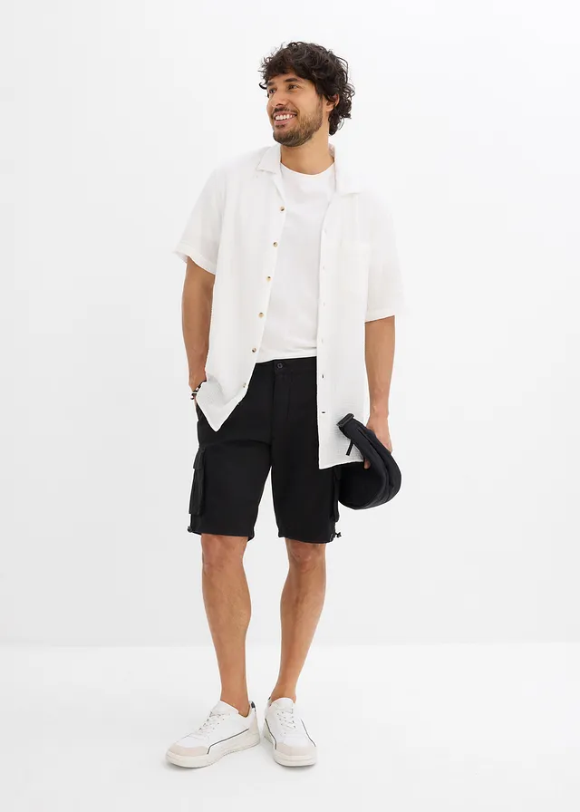 Cargo bermuda met comfortabele band, regular fit, Kleur: zwart