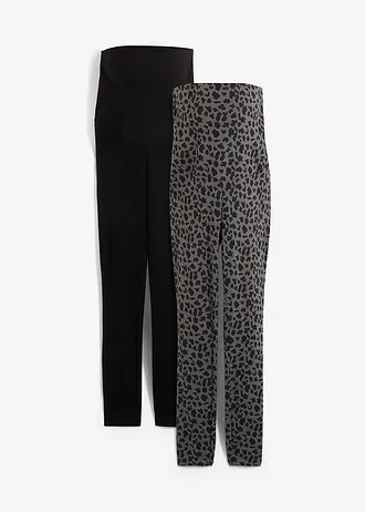Těhotenské legíny z organické bavlny (2 ks v balení), barva: černá + kouřově šedá s leopardím potiskem