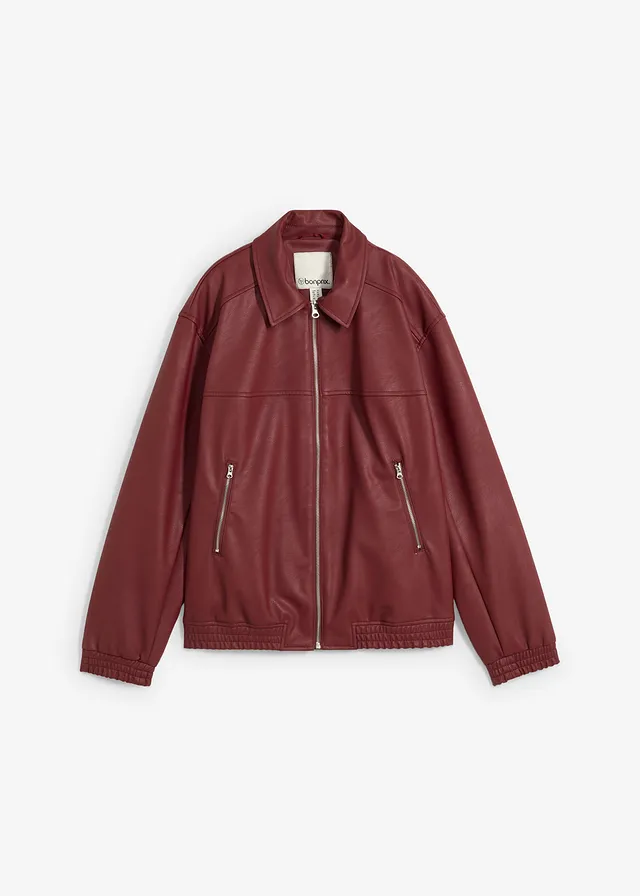 Oversized imitatieleren jas, Kleur: robijnrood