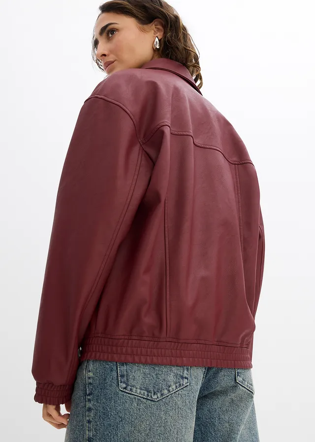Oversized imitatieleren jas, Kleur: robijnrood