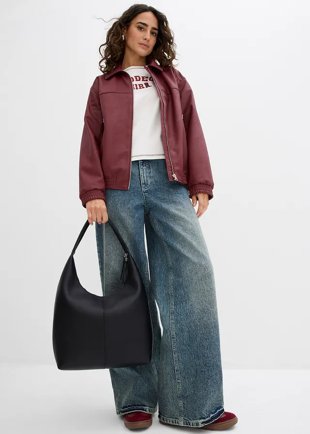Oversized imitatieleren jas, Kleur: robijnrood