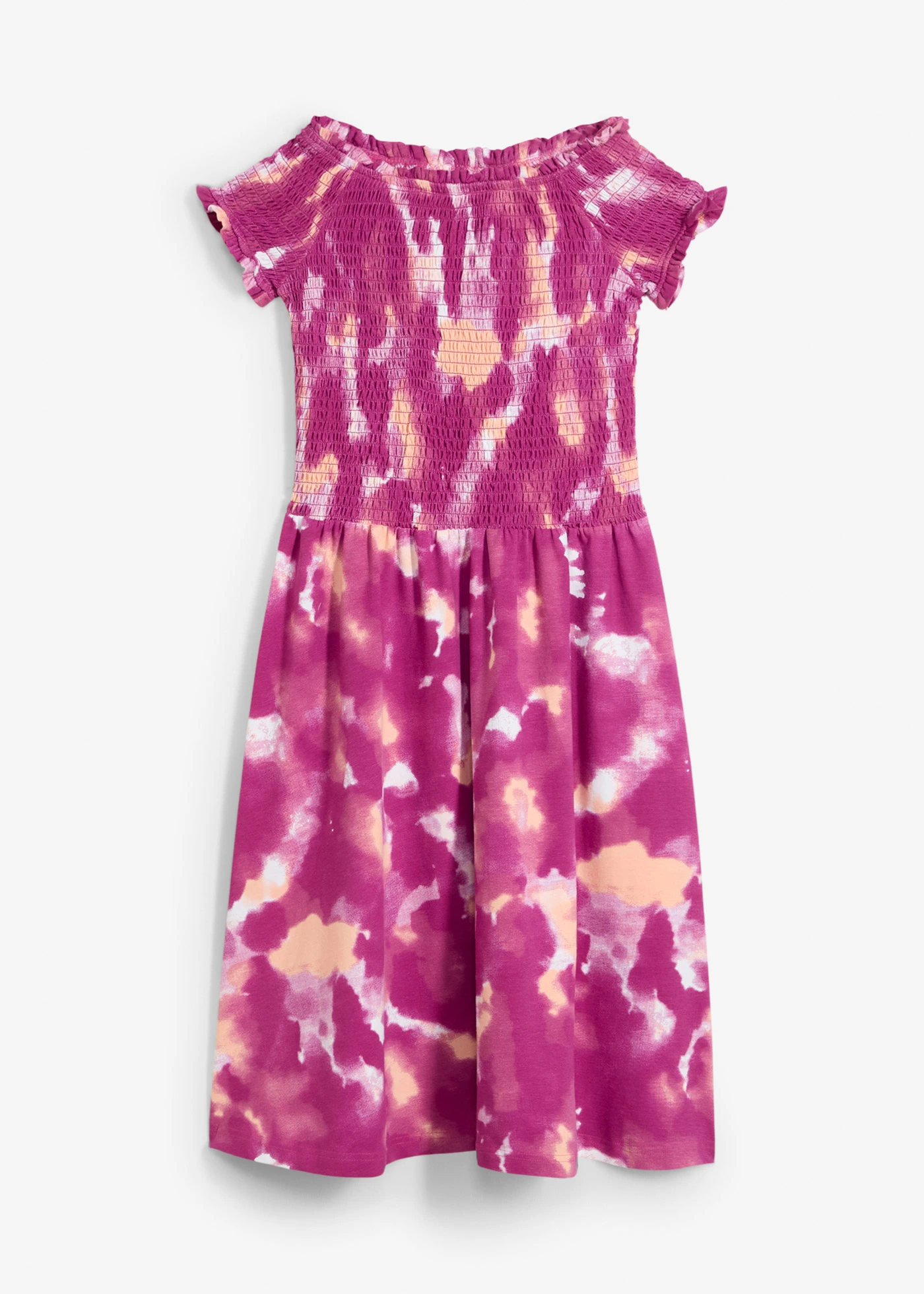 Žerzejové šaty z elastické směsi s organickou bavlnou • fialová orchidej-broskvová melba-přírodní bílá s potiskem • bonprix obchod