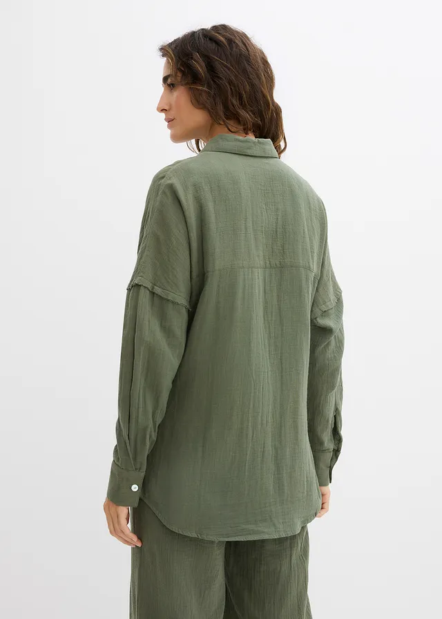 Chemise oversize en gaze de coton aérienne, Couleur: vert argile