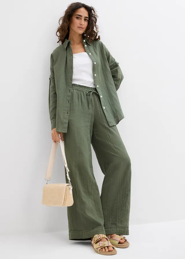 Chemise oversize en gaze de coton aérienne, Couleur: vert argile