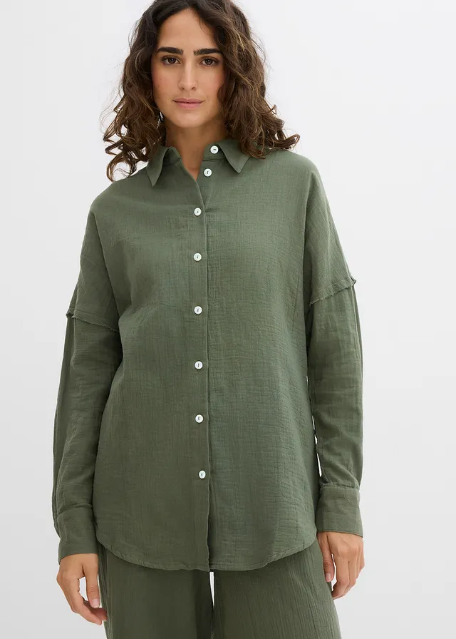 Oversized overhemd van luchtige mousseline, Kleur: kleigroen